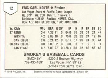 1989 ProCards Minor League Team Sets #12 Eric Nolte Back
