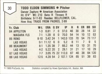 1989 ProCards Minor League Team Sets #30 Todd Simmons Back