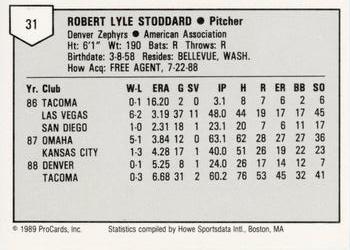 1989 ProCards Minor League Team Sets #31 Bob Stoddard Back