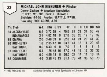1989 ProCards Minor League Team Sets #33 Mike Kinnunen Back