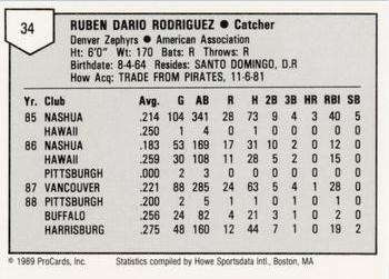 1989 ProCards Minor League Team Sets #34 Ruben Rodriguez Back