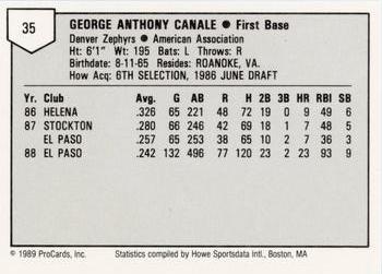 1989 ProCards Minor League Team Sets #35 George Canale Back