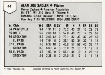 1989 ProCards Minor League Team Sets #44 Alan Sadler Back