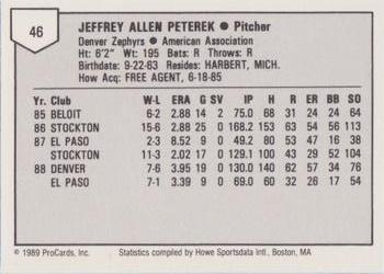 1989 ProCards Minor League Team Sets #46 Jeff Peterek Back