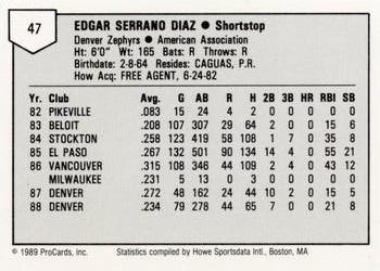 1989 ProCards Minor League Team Sets #47 Kiki Diaz Back