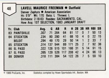 1989 ProCards Minor League Team Sets #48 LaVel Freeman Back
