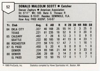1989 ProCards Minor League Team Sets #52 Donnie Scott Back