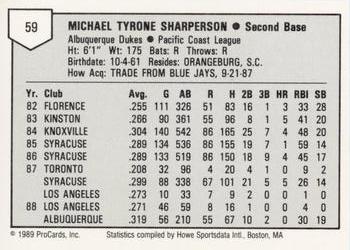 1989 ProCards Minor League Team Sets #59 Mike Sharperson Back