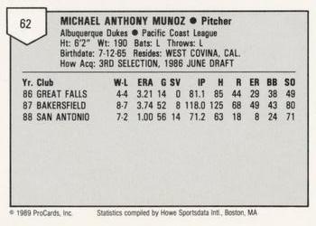 1989 ProCards Minor League Team Sets #62 Mike Munoz Back