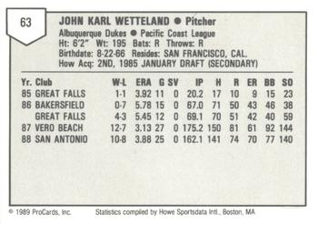 1989 ProCards Minor League Team Sets #63 John Wetteland Back
