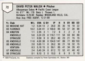 1989 ProCards Minor League Team Sets #70 Dave Walsh Back