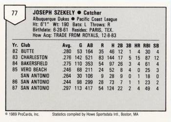 1989 ProCards Minor League Team Sets #77 Joe Szekely Back