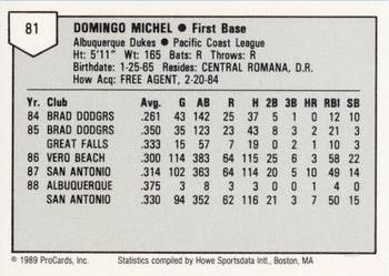 1989 ProCards Minor League Team Sets #81 Domingo Michel Back