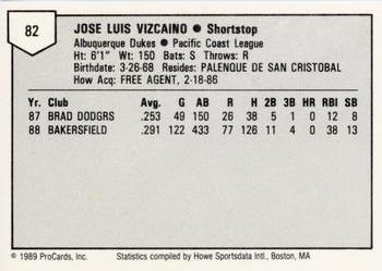 1989 ProCards Minor League Team Sets #82 Jose Vizcaino Back