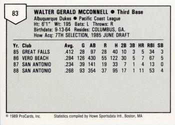 1989 ProCards Minor League Team Sets #83 Walt McConnell Back