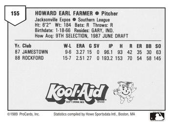 1989 ProCards Minor League Team Sets #155 Howard Farmer Back