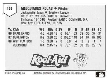 1989 ProCards Minor League Team Sets #156 Mel Rojas Back