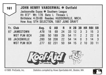 1989 ProCards Minor League Team Sets #161 John Vander Wal Back