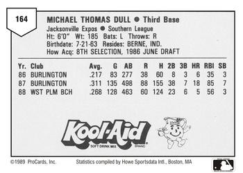1989 ProCards Minor League Team Sets #164 Mike Dull Back