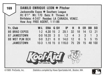 1989 ProCards Minor League Team Sets #169 Danilo Leon Back