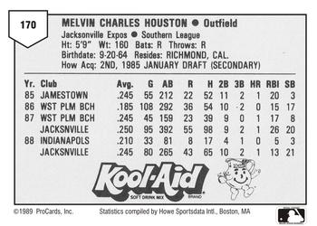 1989 ProCards Minor League Team Sets #170 Mel Houston Back