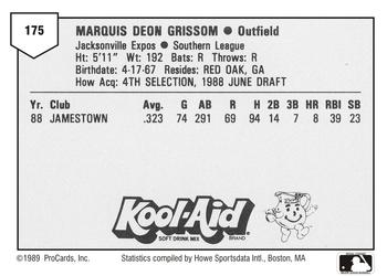 1989 ProCards Minor League Team Sets #175 Marquis Grissom Back