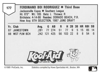 1989 ProCards Minor League Team Sets #177 Boi Rodriguez Back