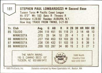 1989 ProCards Minor League Team Sets #181 Steve Lombardozzi Back