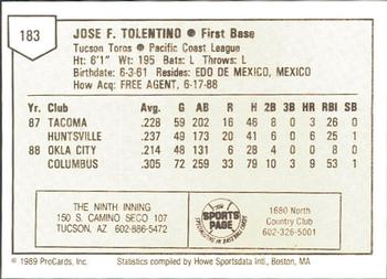 1989 ProCards Minor League Team Sets #183 Jose Tolentino Back