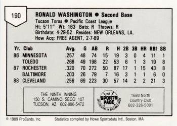 1989 ProCards Minor League Team Sets #190 Ron Washington Back