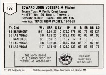 1989 ProCards Minor League Team Sets #192 Ed Vosberg Back