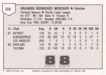 1989 ProCards Minor League Team Sets #209 Orlando Mercado Back