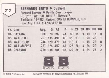 1989 ProCards Minor League Team Sets #212 Bernardo Brito Back