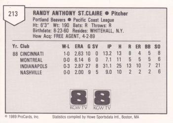 1989 ProCards Minor League Team Sets #213 Randy St. Claire Back