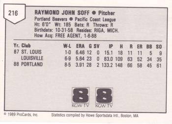 1989 ProCards Minor League Team Sets #216 Ray Soff Back