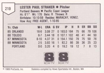 1989 ProCards Minor League Team Sets #219 Les Straker Back