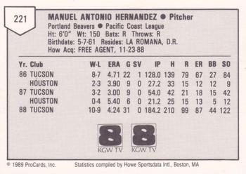 1989 ProCards Minor League Team Sets #221 Manny Hernandez Back