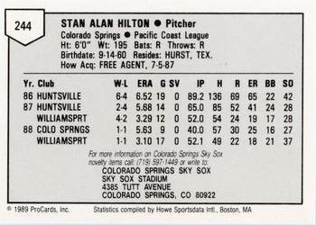 1989 ProCards Minor League Team Sets #244 Stan Hilton Back