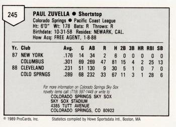 1989 ProCards Minor League Team Sets #245 Paul Zuvella Back