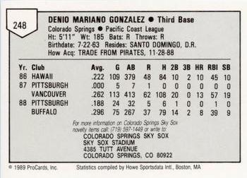 1989 ProCards Minor League Team Sets #248 Denny Gonzalez Back