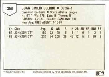1989 ProCards Minor League Team Sets #356 Juan Belbru Back