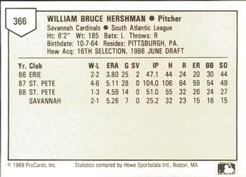 1989 ProCards Minor League Team Sets #366 Bill Hershman Back