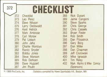 1989 ProCards Minor League Team Sets #372 Checklist Back