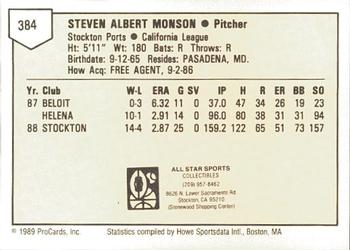 1989 ProCards Minor League Team Sets #384 Steve Monson Back