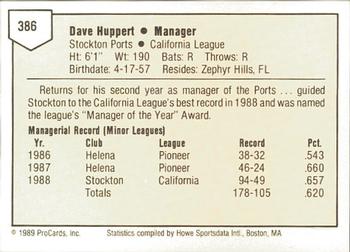 1989 ProCards Minor League Team Sets #386 Dave Huppert Back