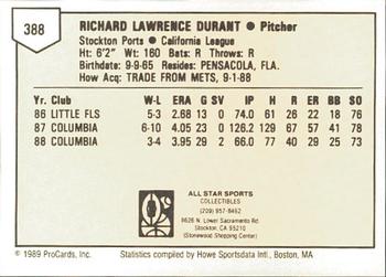 1989 ProCards Minor League Team Sets #388 Rick Durant Back