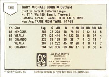 1989 ProCards Minor League Team Sets #396 Gary Borg Back