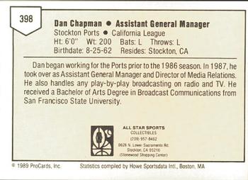 1989 ProCards Minor League Team Sets #398 Dan Chapman Back