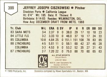 1989 ProCards Minor League Team Sets #399 Jeff Ciszkowski Back