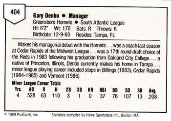 1989 ProCards Minor League Team Sets #404 Gary Denbo Back